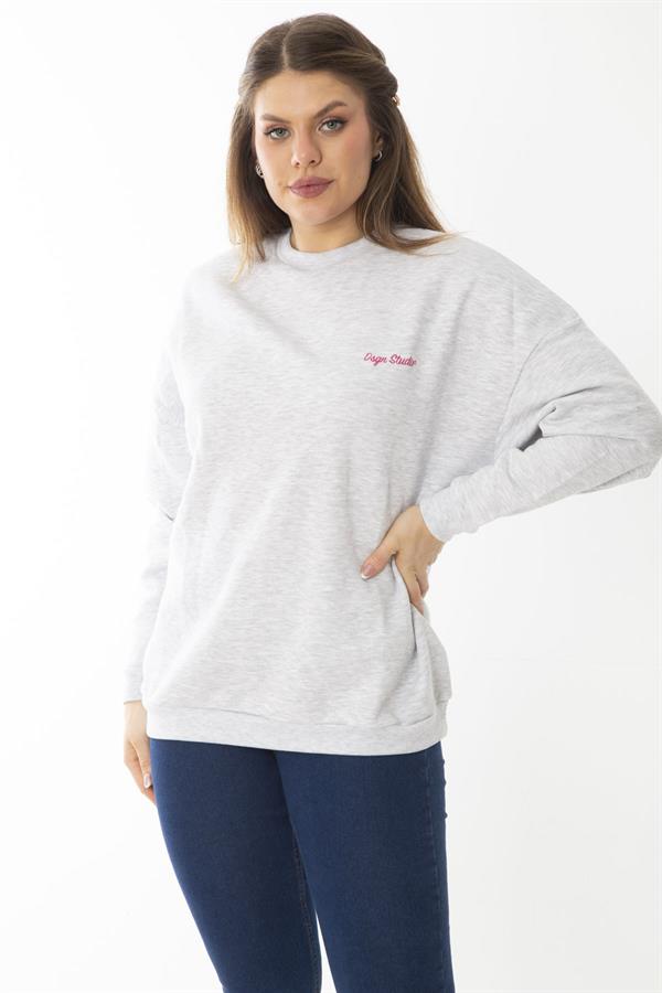 Women's Plus Size Gray Embroidered Inside Swatshirt 65N37008