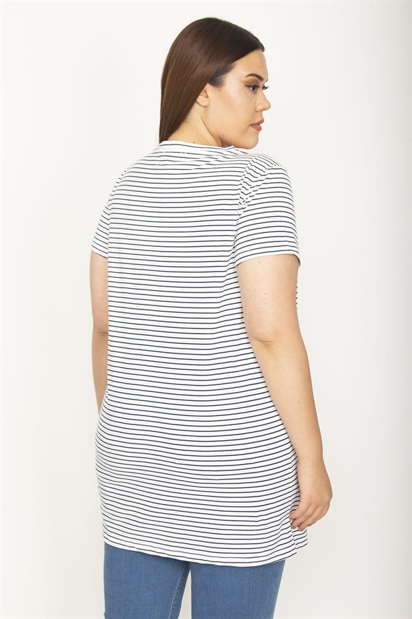 Kadın Beyaz Pamuklu Kumaş Peto Cepli Çizgili Tunik 65N26365