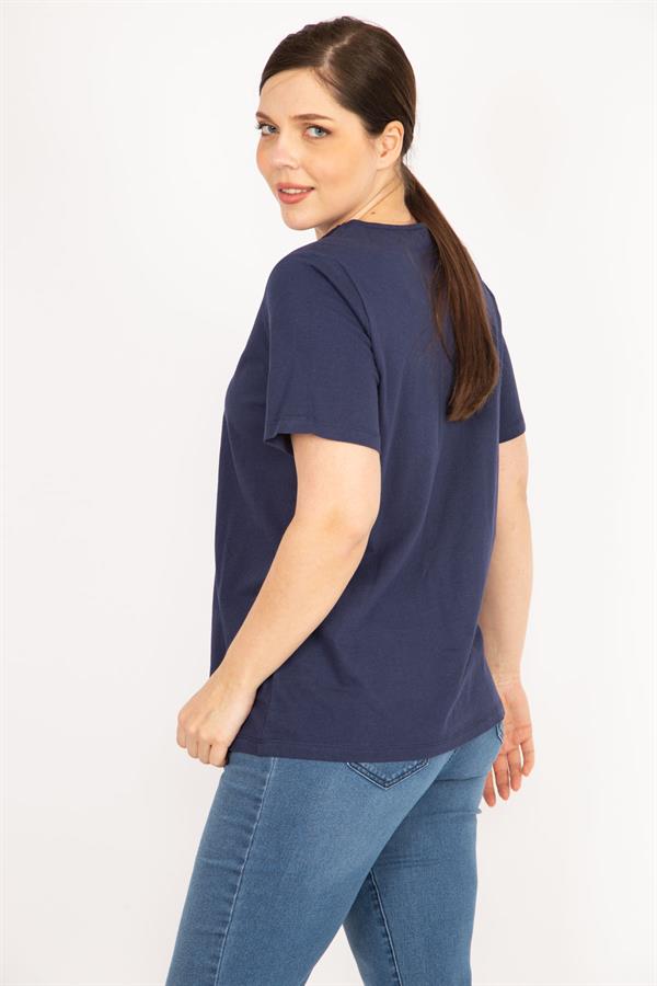 Kadın Lacivert Büyük Beden Pamuklu Kumaş Yaka Dantelli Bluz