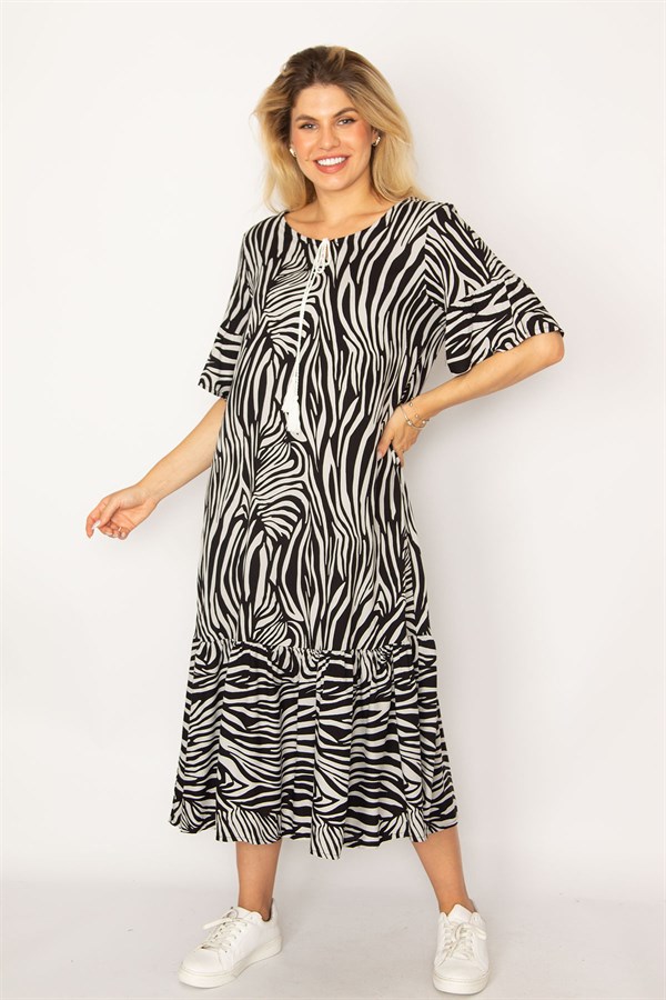 Kadın Siyah Dokuma Viskon Kumaş Etek Ucu Katlı Kolları Volanlı Uzun Elbise 65N34262