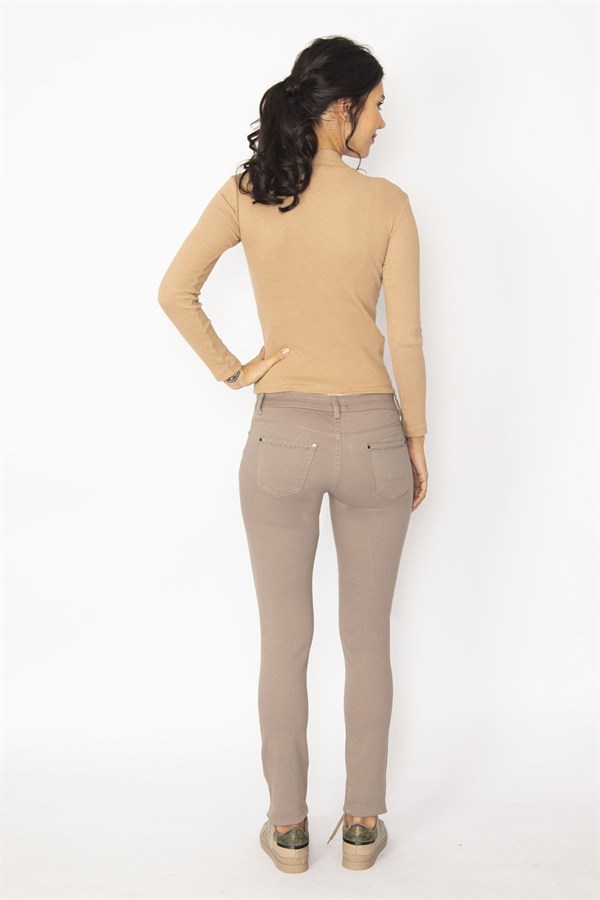 KADIN VİZON 5 CEP CEP AĞZI KALP FİGÜR NAKIŞLI GABARDİN KUMAŞ PANTOLON