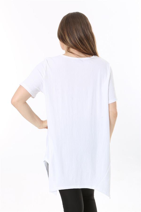 Kadın Büyük Beden Beyaz Bürümcük Kumaş Etek Ucu Kup Detaylı Kısa Kollu Bluz 65N37857