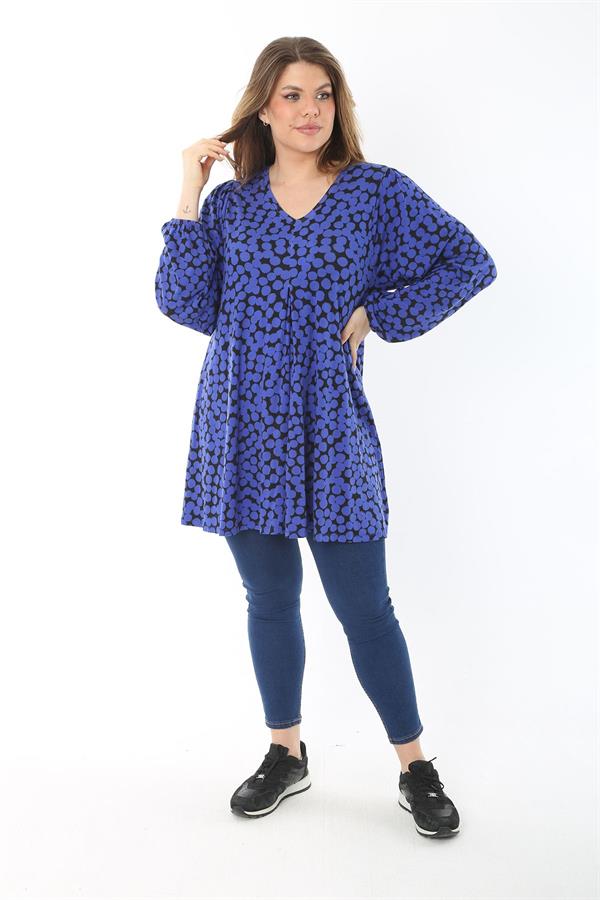 Kadın Büyük Beden Saks Önü A Pileli V Yakalı Bluz 65N37467