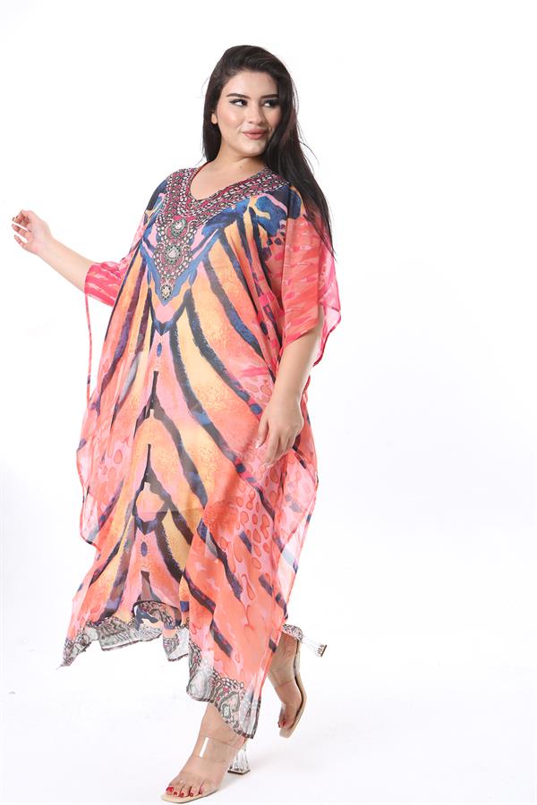 Kadın Büyük Beden Renkli Taş Detaylı Astarsız Şifon Kap 65N38322