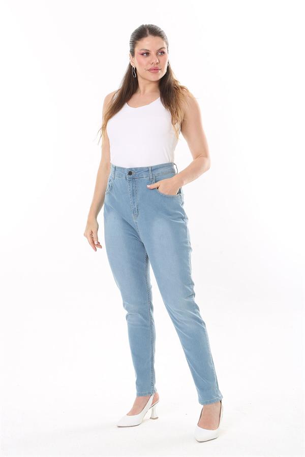 Kadın Büyük Beden Mavi Yüksek Bel 5 Cep Likralı Kot Pantolon 65N37747