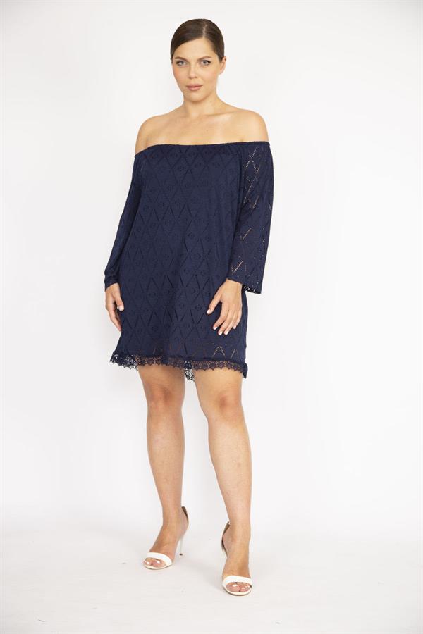 Kadın Büyük Beden Lacivert Delikiş Kumaş Yakası Lastikli Astarlı Tunik