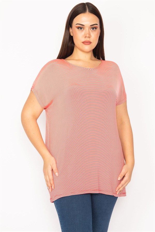 Kadın Kırmızı Sırt Detaylı Düşük Kollu Çizgili Bluz 65N30193