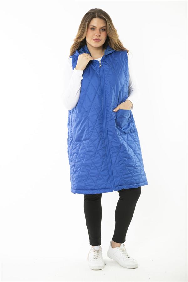 Kadın Büyük Beden Haki Ön Dermuarlı Kapşonlu Kapitone Astarlı Uzun Mont 65N37107