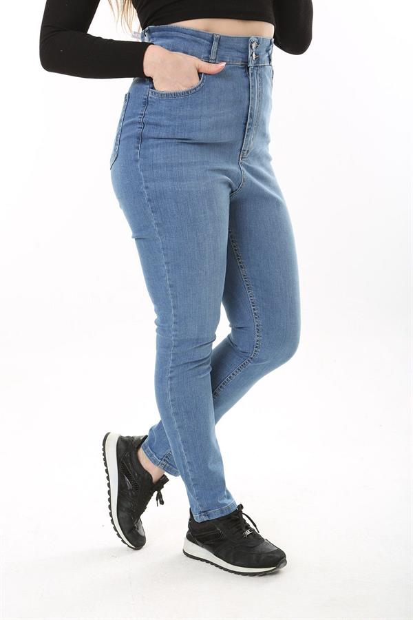 Kadın Büyük Beden Mavi Yüksek Bel Dar Paçalı Likralı 5 Cep Kot Pantolon 65N37642