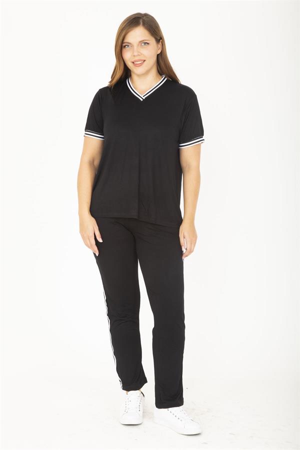Kadın Büyük Beden Lacivert Ribanall Kısa Kollu Bluz Pantolon Eşofman Takım 65N36811