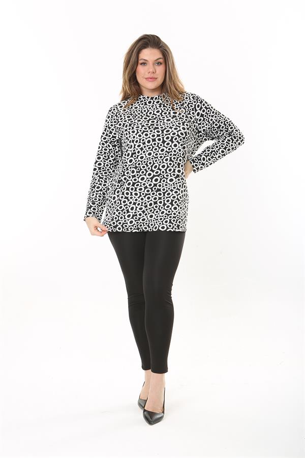 Kadın Büyük Beden Siyah Sıfır Yaka Yan Yırtmaçlı Uzun Kollu Tunik 65N37502