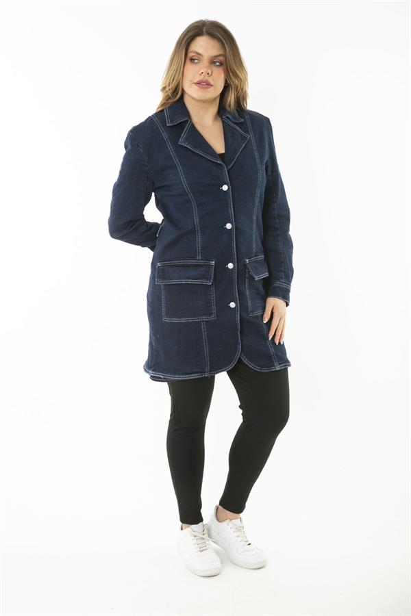 MANTEAU FEMME EN DENIM LYCRA BLEU MARINE AVEC BOUTON ET POCHE DEVANT