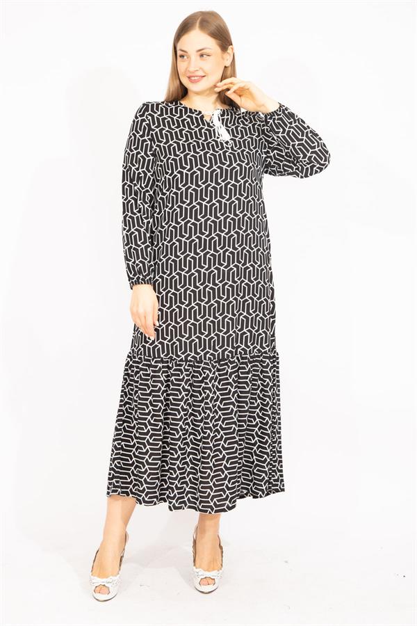 Kadın Siyah Dokuma Viskon Kumaş Etek Ucu Katlı Uzun Kollu Elbise 65N35511