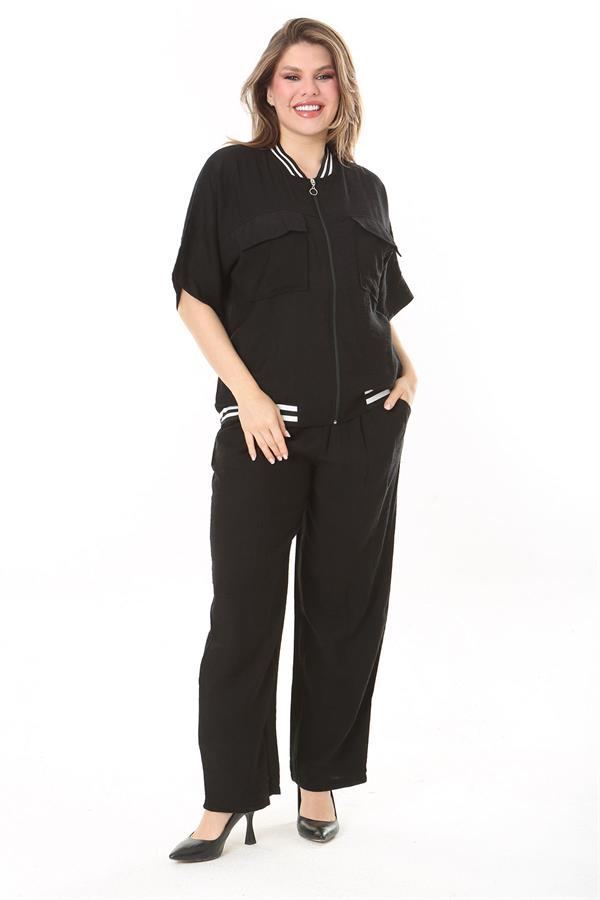 Kadın Büyük Beden Nar Ön Fermuarlı Ribanalı Tunik Ve Pantolon İkili Takım 65N37877