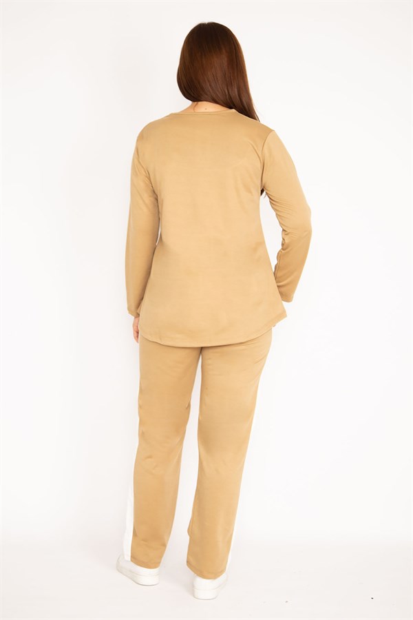 Kadın Camel V Yakallı Bluz Pantolon Takım 65N34658