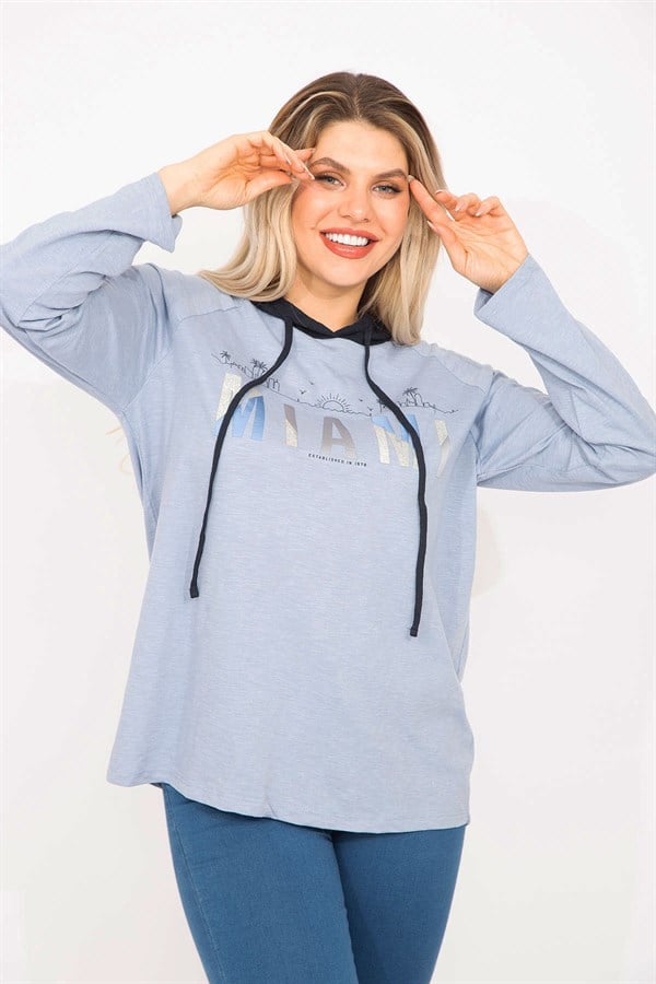 Kadın Mavi Sim Baskılı Kapşonlu Tunik 65N35300