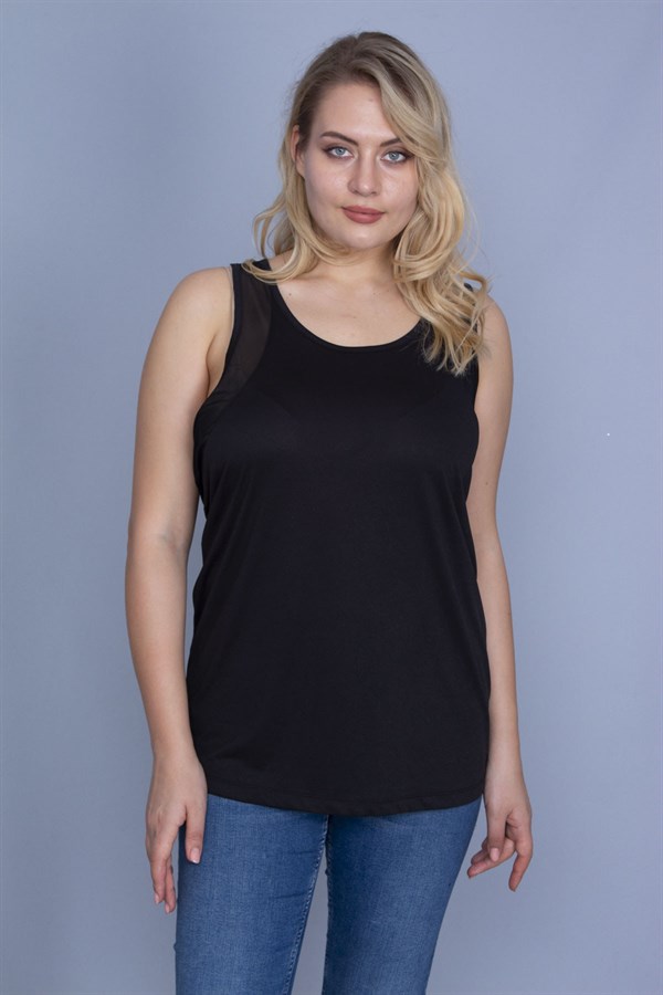 Kadın Siyah Kol Evi Tül Detaylı Spor Bluz 65N25824