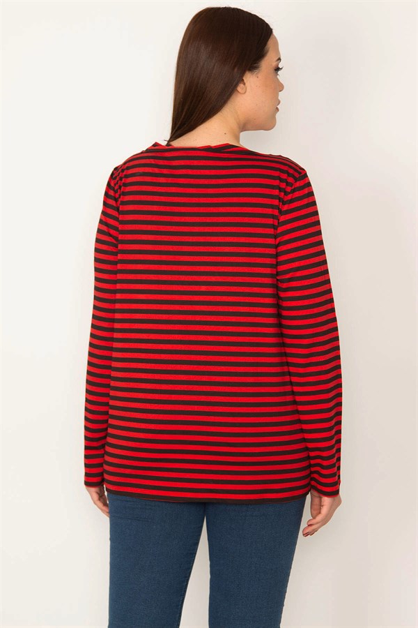 KADIN KIRMIZI BİSİKLET YAKALI UZUN KOLLU ÇİZGİLİ BLUZ