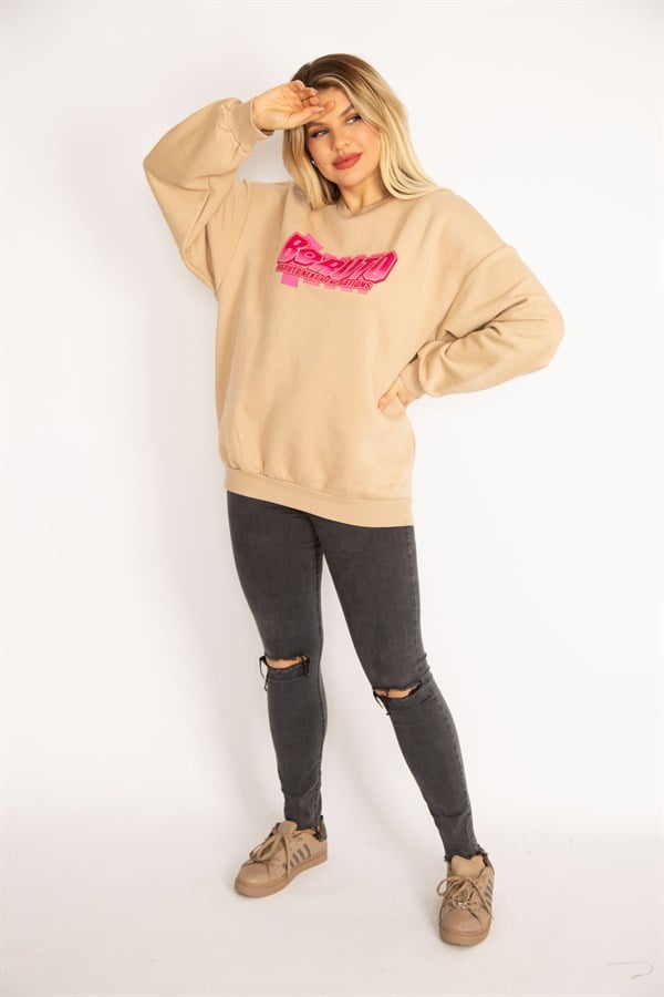 Kadın Camel İçi Şardonlu 3 İplik Kumaş Sırtı Dijital Baskılı Sweatshirt 65N35082