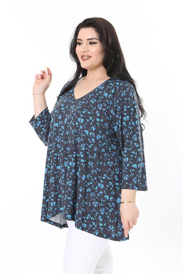 Kadın Büyük Beden Renkli V Yakalı Kapri Kol Desenli Bluz 65N38001