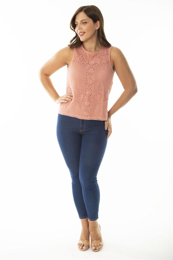 Kadın Büyük Beden Somon Ön Dantelli İçi Viskon Bluz 65N36941