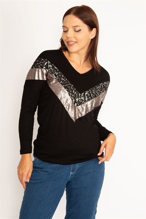 Kadın Siyah Önü Lame Bloglu V Yakalı Bluz  65N34483