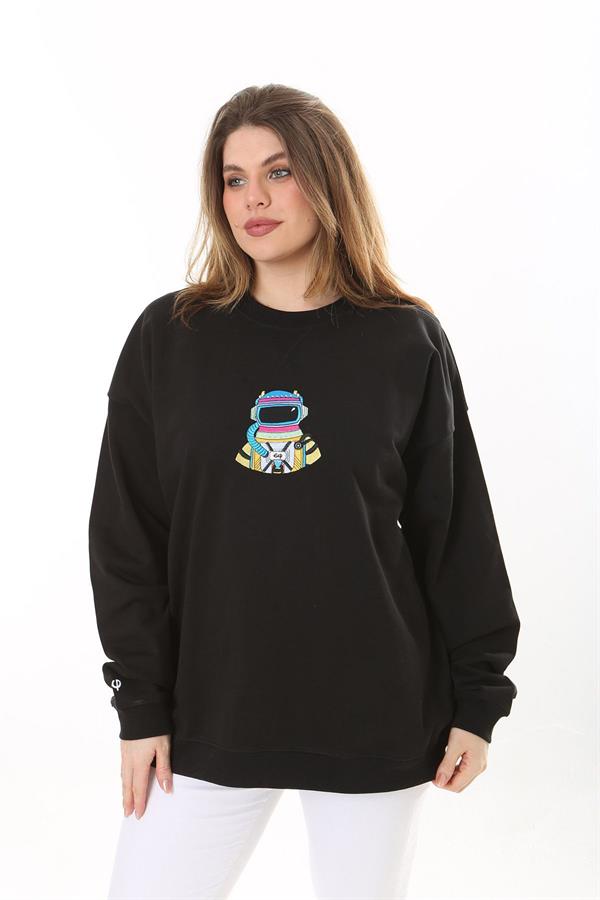 Kadın Büyük Beden Siyah Pamuk Kumaş Nakışlı Sweatshirt 65N37617
