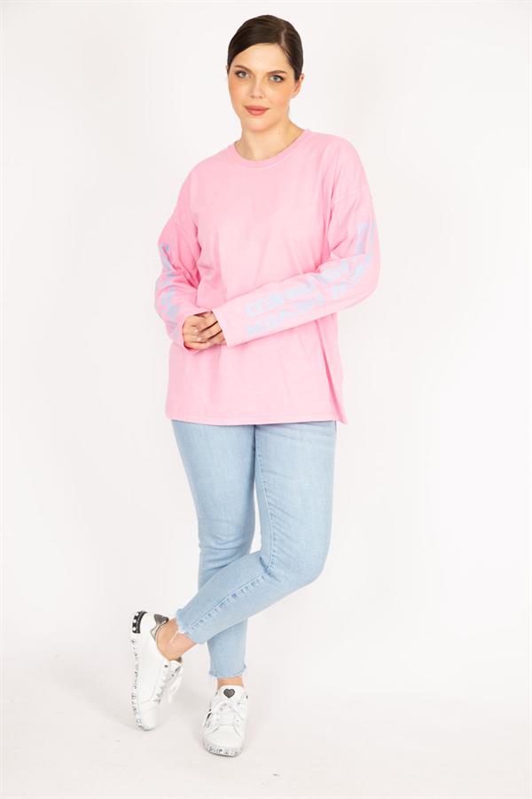 Kadın Bej Büyük Beden Kol Baskılı Sweatshirt