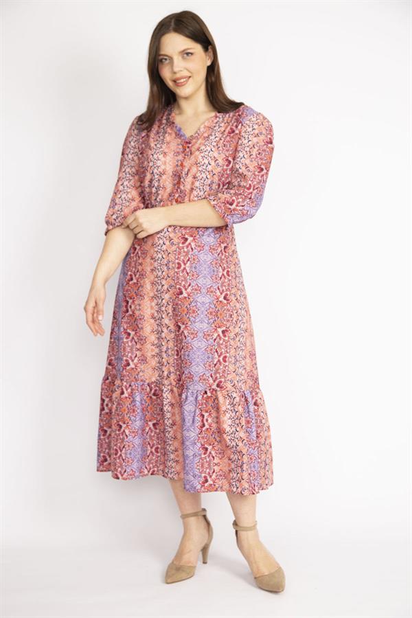 WOMEN'S COLORFUL COLLAR DRESS WITH FRILLED FRONT PLACE, ORNAMENTAL BUTTONS, WAIST AND ARM EMBROIDERY DETAILED