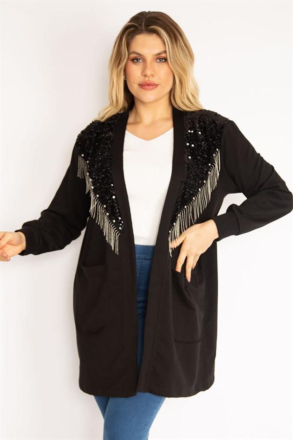 Kadın Siyah Payet Ve Zincir Aksesuarlı Astarsız Ceket 65N35139