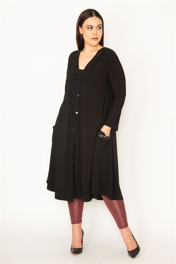 Kadın Siyah Sandy Kumaş Payet Detaylı Ön Düğmeli Kapşonlu Kap 65N31703