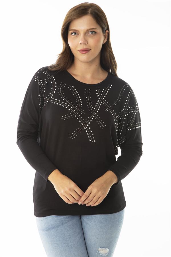 Kadın Büyük Beden Siyah Taş Detaylı Yarasa Kol Bluz 65N36862