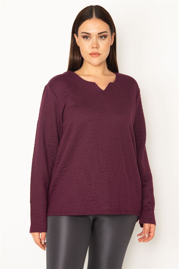 KADIN LACİVERT V YAKALI ARKA ŞERİT DETAYLI KENDİNDEN DESENLİ TUNİK