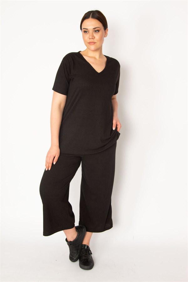 Kadın Fujya Kaşkorse Örme Beli Lastikli Geniş Paçalı Pantolon V Yakalı Bluz Takım 65N32939