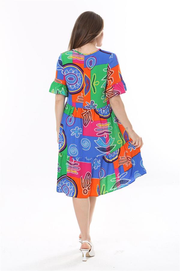 Kadın Büyük Beden Mavi Dokuma Viskon Kumaş Kısa Kollu Katlı Elbise 65N37762