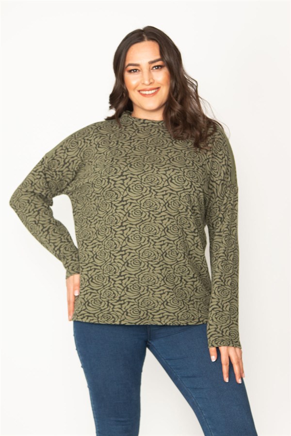 Kadın Haki Jakar Desenli Sıfır Yakalı Uzun Kollu Tunik 65N30418