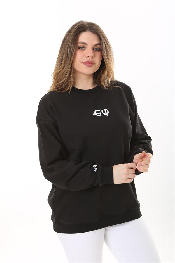 Kadın Büyük Beden Siyah Pamuk Kumaş Arka Baskılı Sweatshirt 65N37618