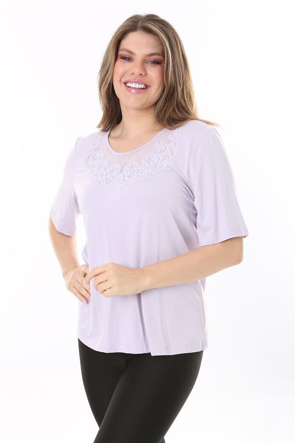 Kadın Büyük Beden Lila Yaka Detaylı Kısa Kollu Bluz 65N37852