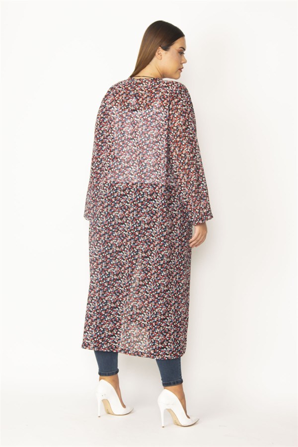 Kadın Kırmızı Şifon Kumaş Desenli Uzun Hırka 65N28497