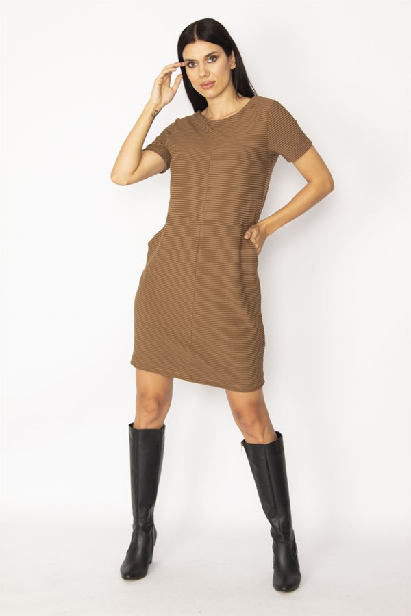WOMEN'S BROWN SELF-STRIPED DRESS WITH POCKETS