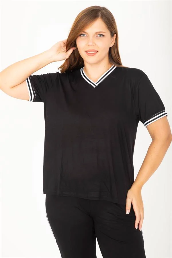 Kadın Büyük Beden Lacivert Ribanall Kısa Kollu Bluz Pantolon Eşofman Takım 65N36811