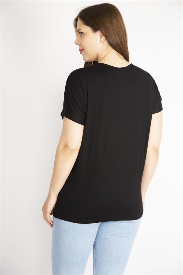 Kadın Siyah Büyük Beden Bisiklet Yaka Taş Detaylı Düşük Kollu Bluz