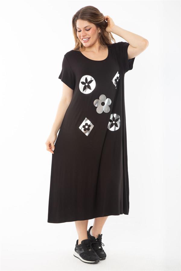 Kadın Büyük Beden Siyah Lame Baskılı Elbise