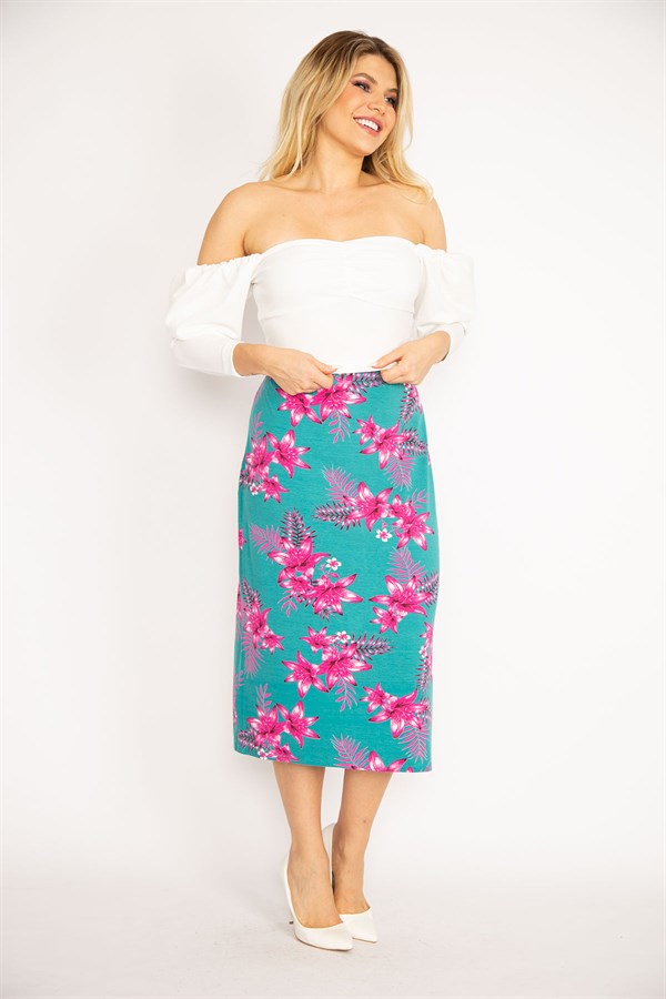 Kadın Yeşil Beli Lastikli Likralı Viskon Etek 65N34675