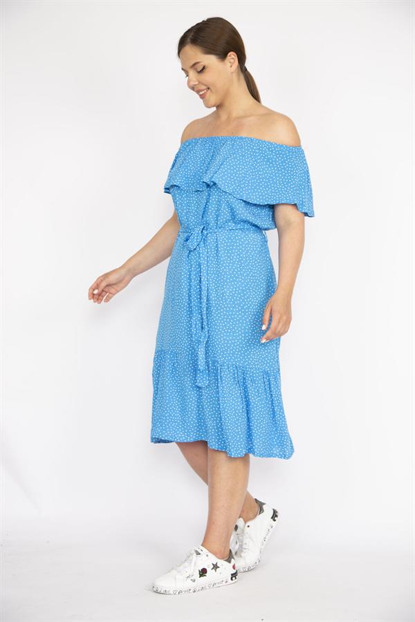 Kadın Mavi Büyük Beden Dokuma Viskon Kumaş Madonna Yaka Kuşaklı Elbise