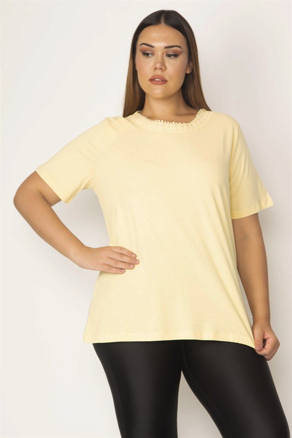 Kadın Sarı Pamuklu Kumaş Yaka Dantelli Bluz 65N28616