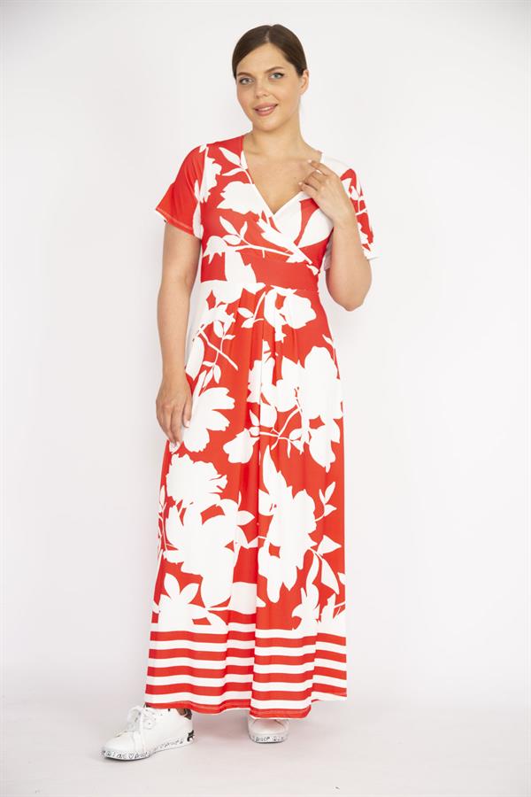 Kadın Kırmızı Büyük Beden Anvelop Yakalı Uzun Elbise