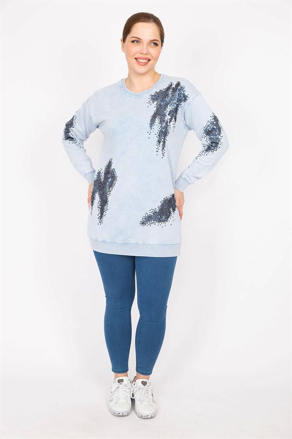 Kadın Mavi Büyük Beden Payet Detaylı Sweatshirt