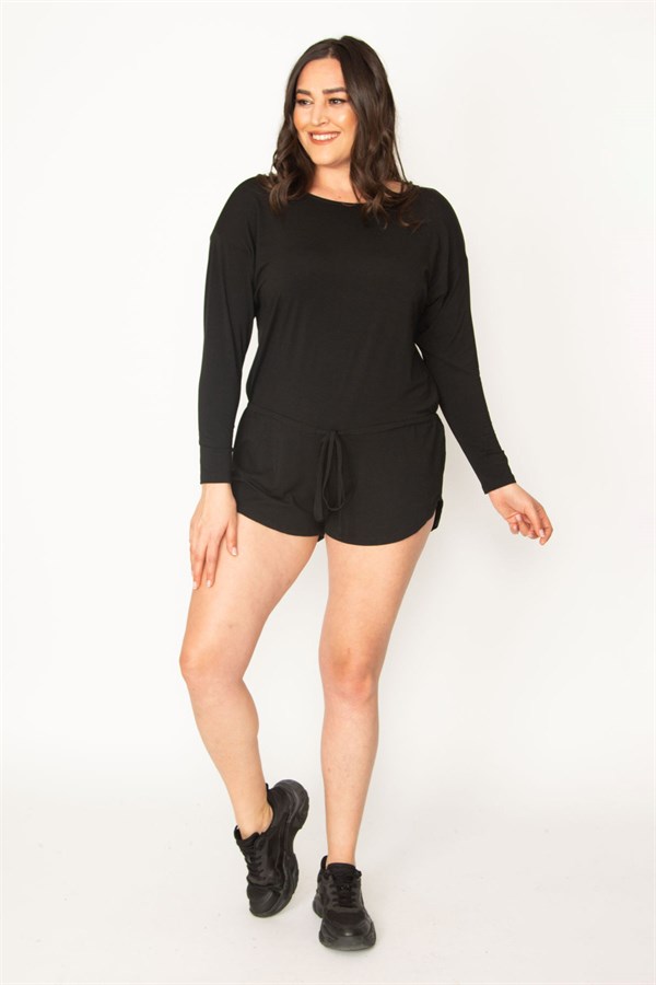 Kadın Siyah Viskon Şort Tulum 65N30455