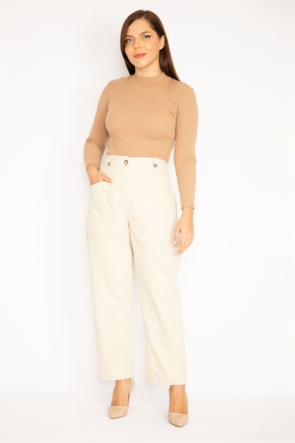 Kadın İndigo Ön Cepli Paçası Düğme İle Duble Paça Boy Ayarlı Gabardin Kumaş Pantolon 65N34888